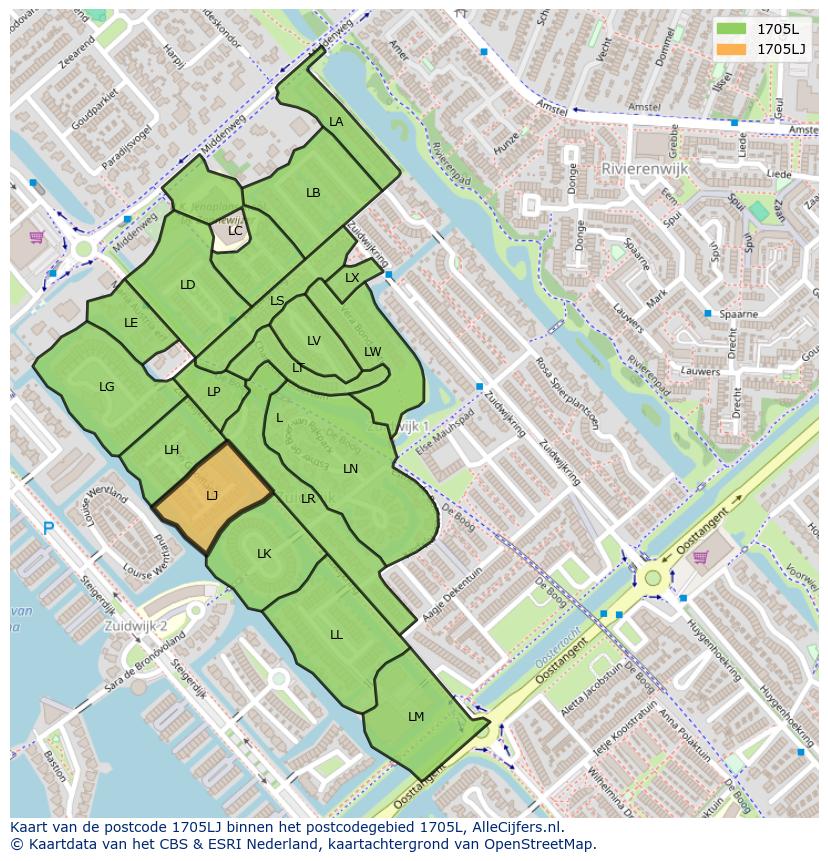 Afbeelding van het postcodegebied 1705 LJ op de kaart.