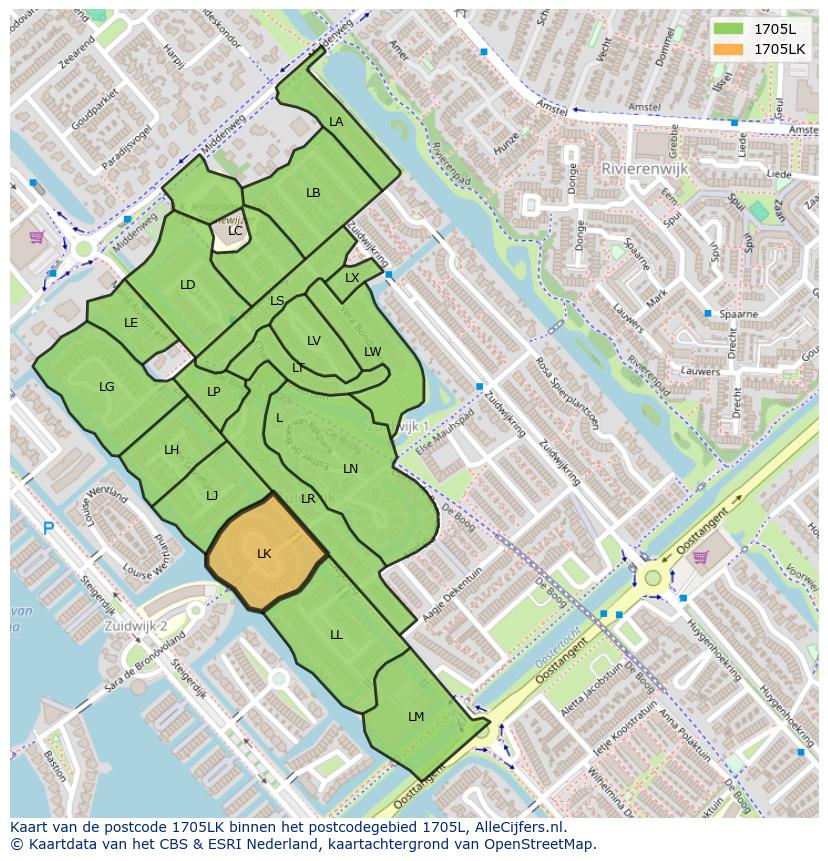 Afbeelding van het postcodegebied 1705 LK op de kaart.