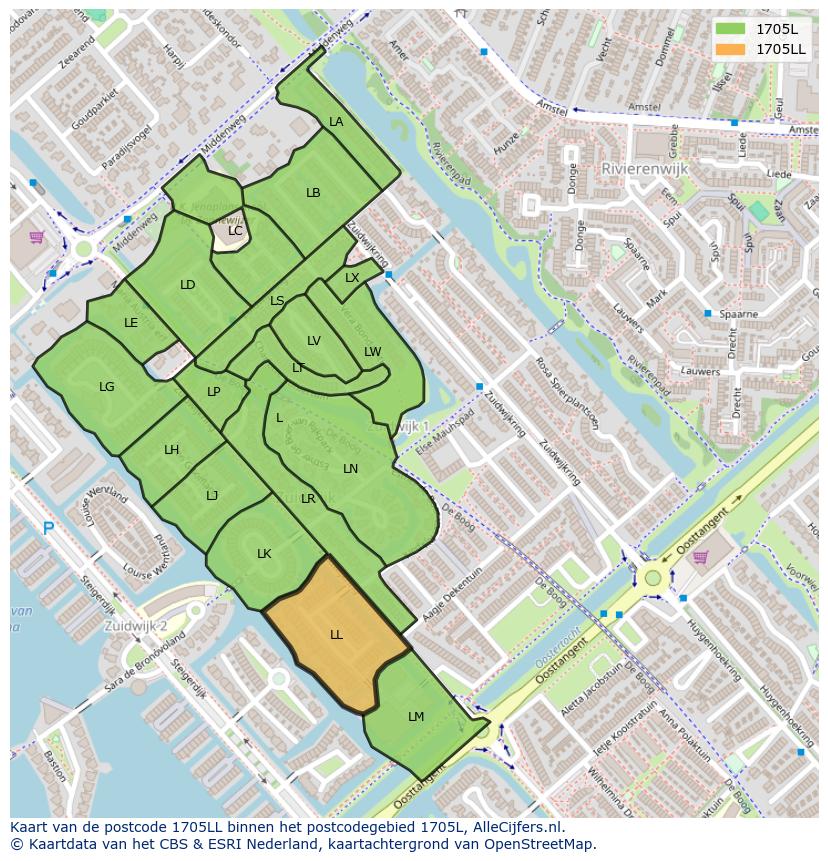 Afbeelding van het postcodegebied 1705 LL op de kaart.