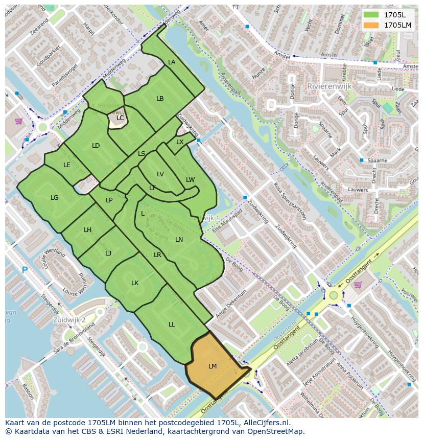 Afbeelding van het postcodegebied 1705 LM op de kaart.