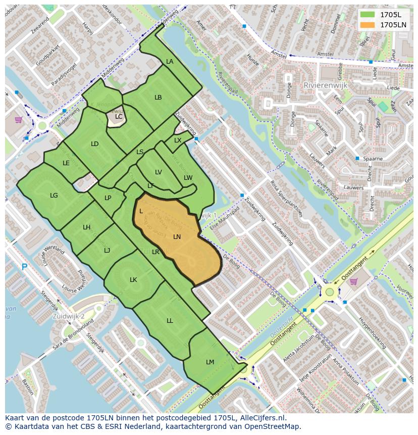 Afbeelding van het postcodegebied 1705 LN op de kaart.