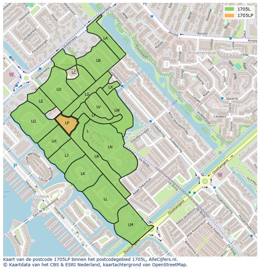 Afbeelding van het postcodegebied 1705 LP op de kaart.