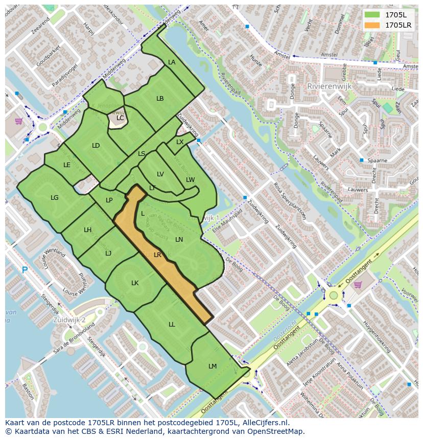 Afbeelding van het postcodegebied 1705 LR op de kaart.