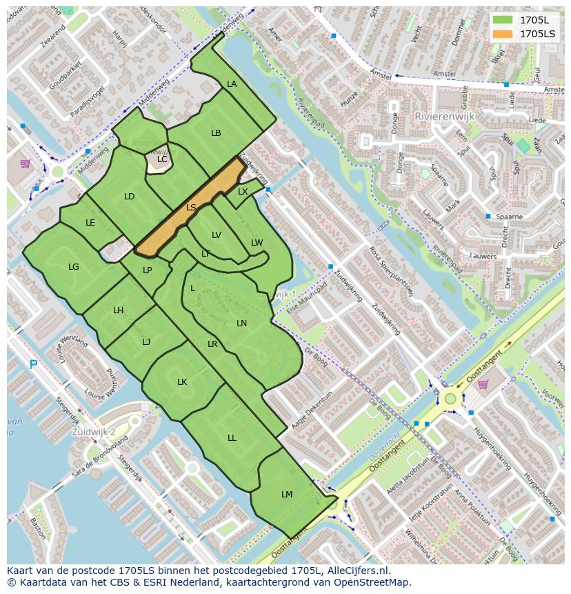 Afbeelding van het postcodegebied 1705 LS op de kaart.