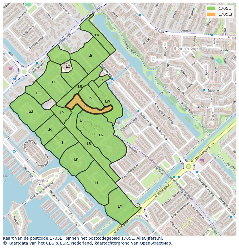 Afbeelding van het postcodegebied 1705 LT op de kaart.