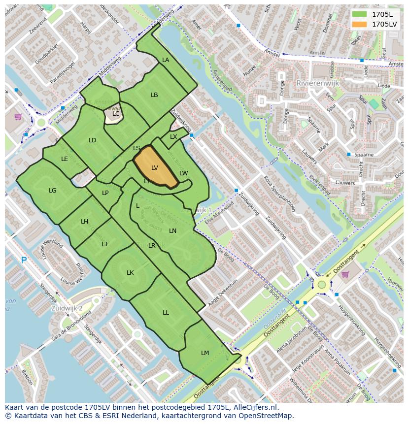 Afbeelding van het postcodegebied 1705 LV op de kaart.