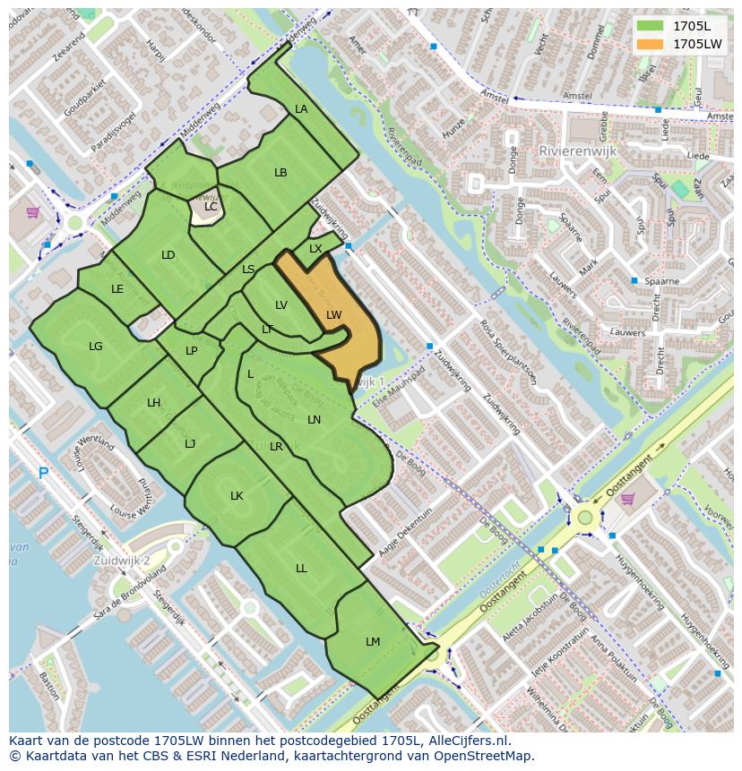 Afbeelding van het postcodegebied 1705 LW op de kaart.
