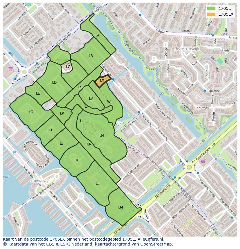 Afbeelding van het postcodegebied 1705 LX op de kaart.