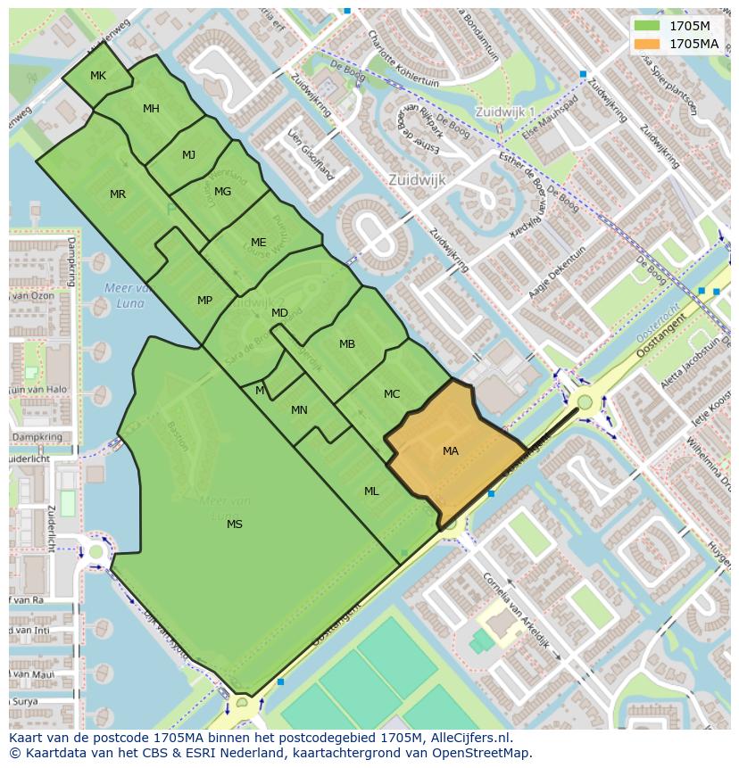 Afbeelding van het postcodegebied 1705 MA op de kaart.