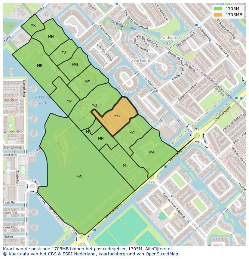 Afbeelding van het postcodegebied 1705 MB op de kaart.