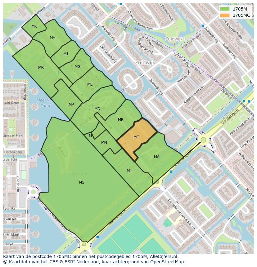 Afbeelding van het postcodegebied 1705 MC op de kaart.