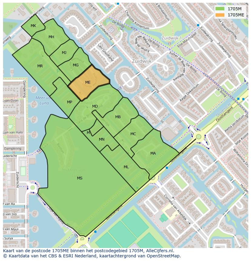 Afbeelding van het postcodegebied 1705 ME op de kaart.