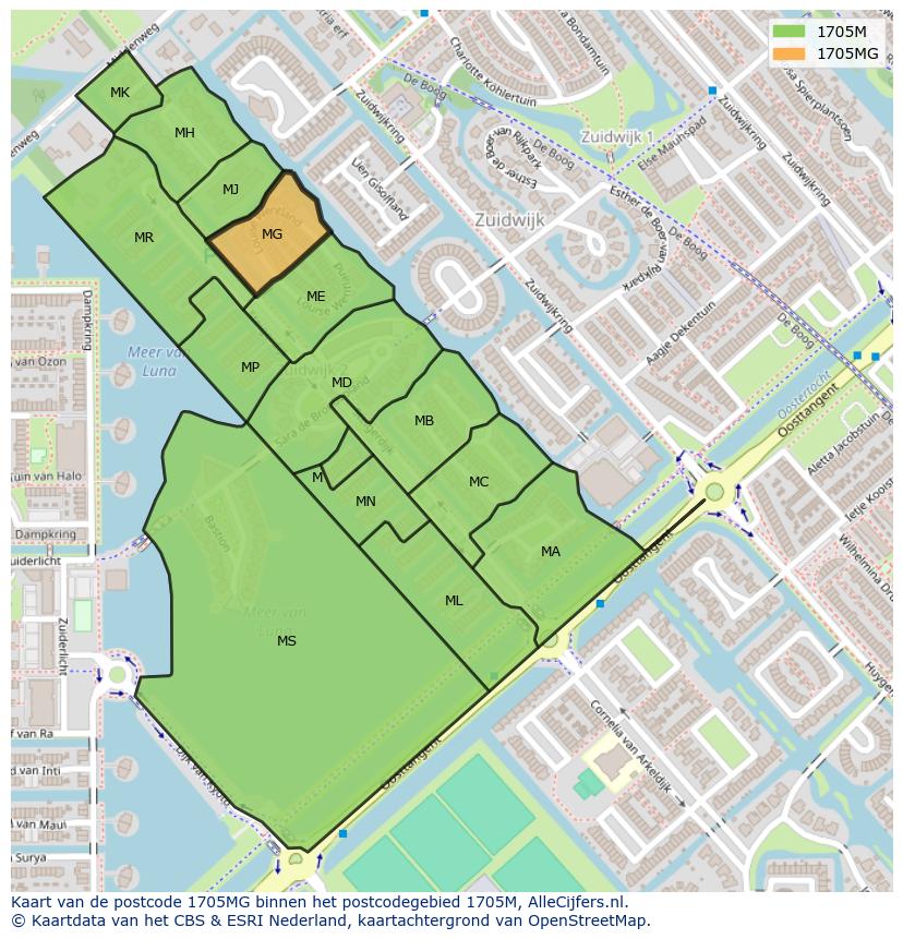 Afbeelding van het postcodegebied 1705 MG op de kaart.