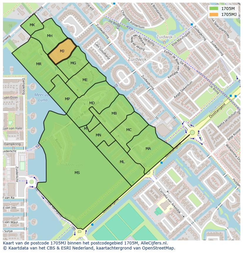Afbeelding van het postcodegebied 1705 MJ op de kaart.