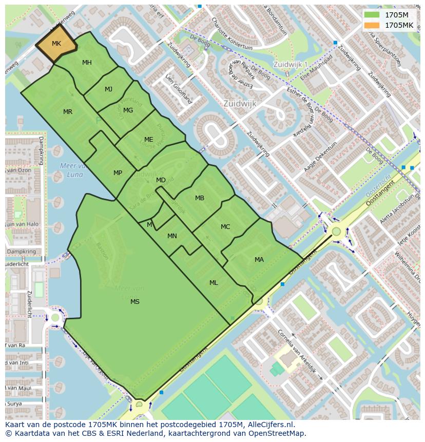 Afbeelding van het postcodegebied 1705 MK op de kaart.