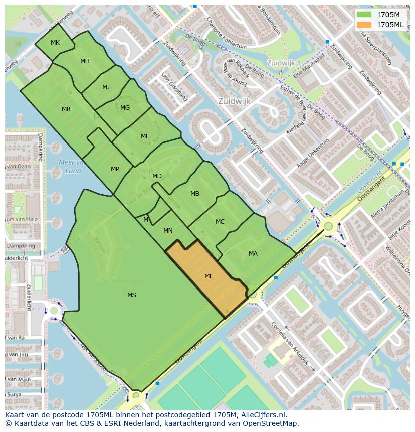 Afbeelding van het postcodegebied 1705 ML op de kaart.