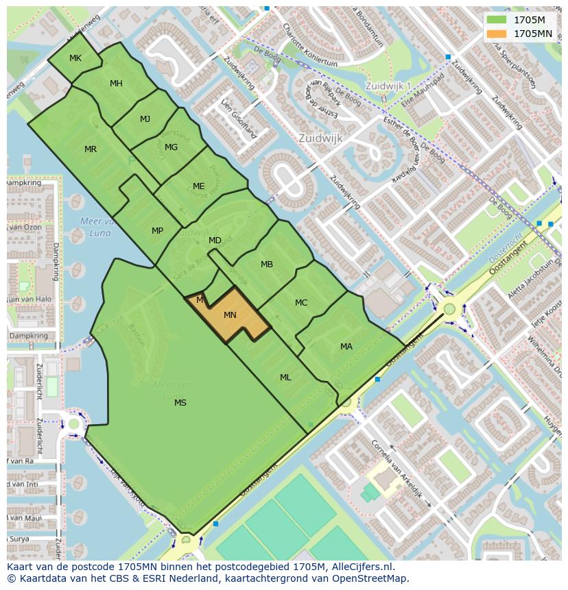 Afbeelding van het postcodegebied 1705 MN op de kaart.