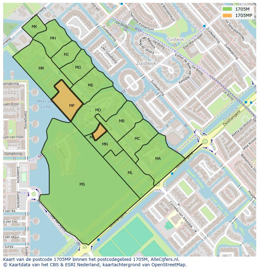 Afbeelding van het postcodegebied 1705 MP op de kaart.