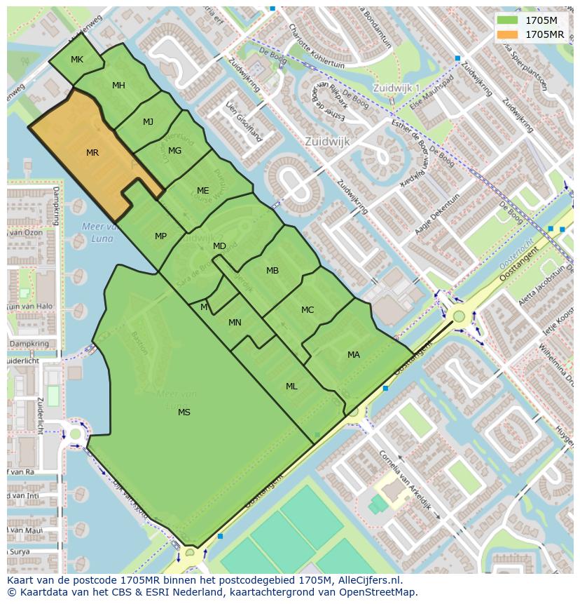 Afbeelding van het postcodegebied 1705 MR op de kaart.