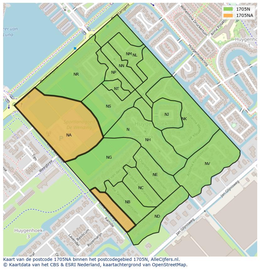 Afbeelding van het postcodegebied 1705 NA op de kaart.