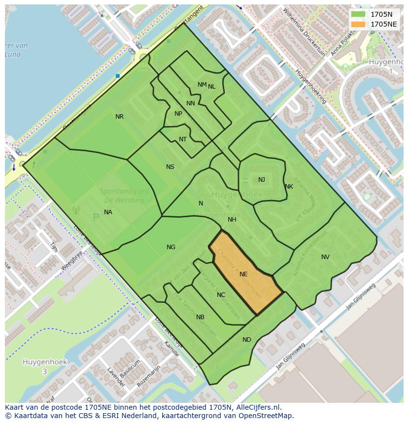 Afbeelding van het postcodegebied 1705 NE op de kaart.