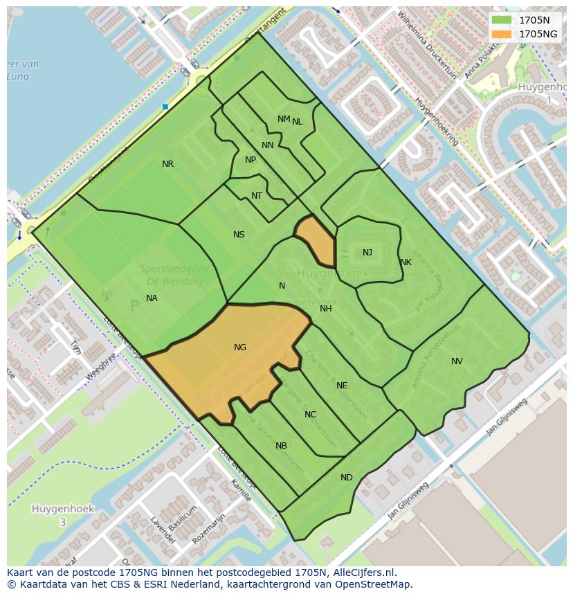 Afbeelding van het postcodegebied 1705 NG op de kaart.