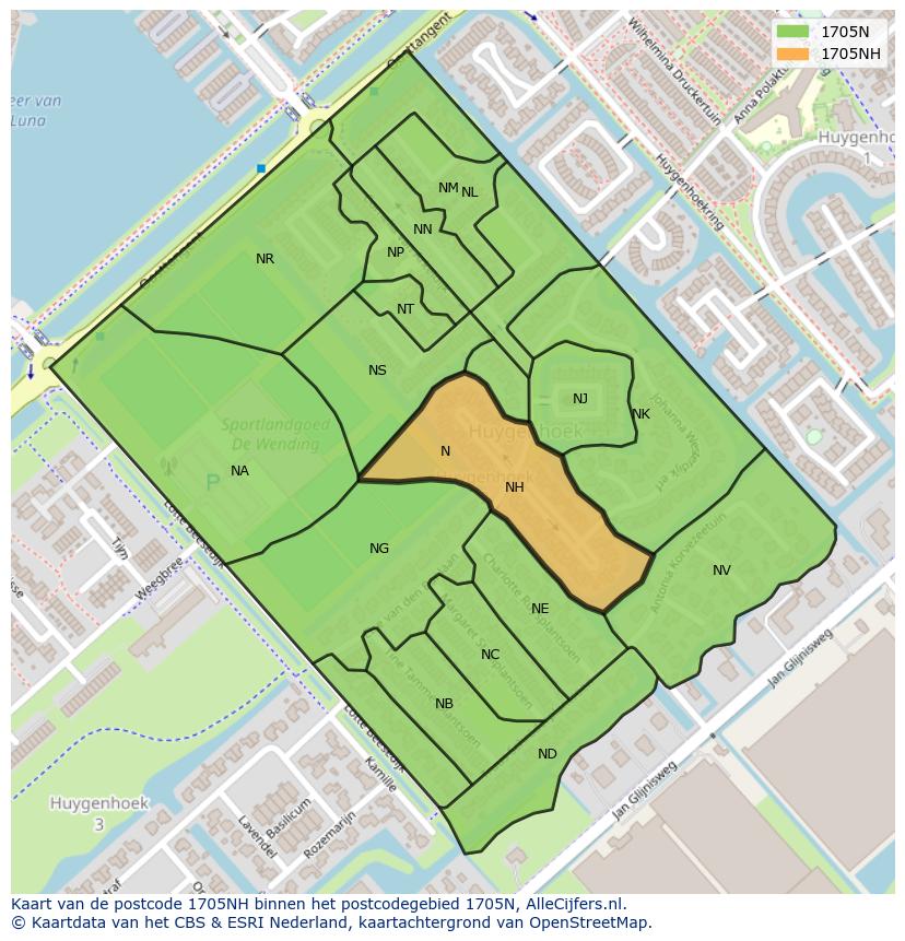 Afbeelding van het postcodegebied 1705 NH op de kaart.