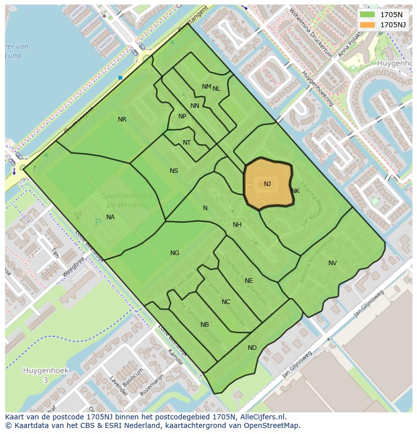 Afbeelding van het postcodegebied 1705 NJ op de kaart.