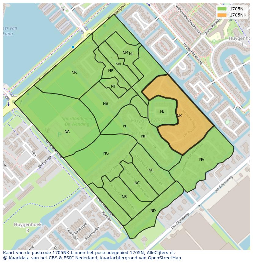 Afbeelding van het postcodegebied 1705 NK op de kaart.