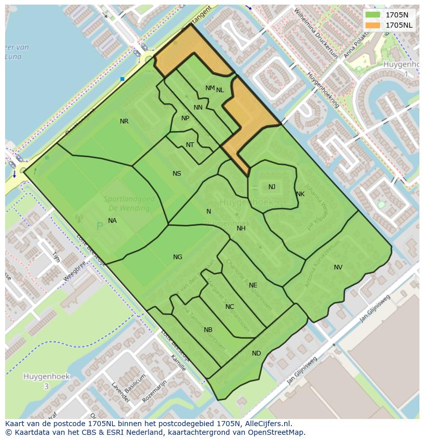 Afbeelding van het postcodegebied 1705 NL op de kaart.