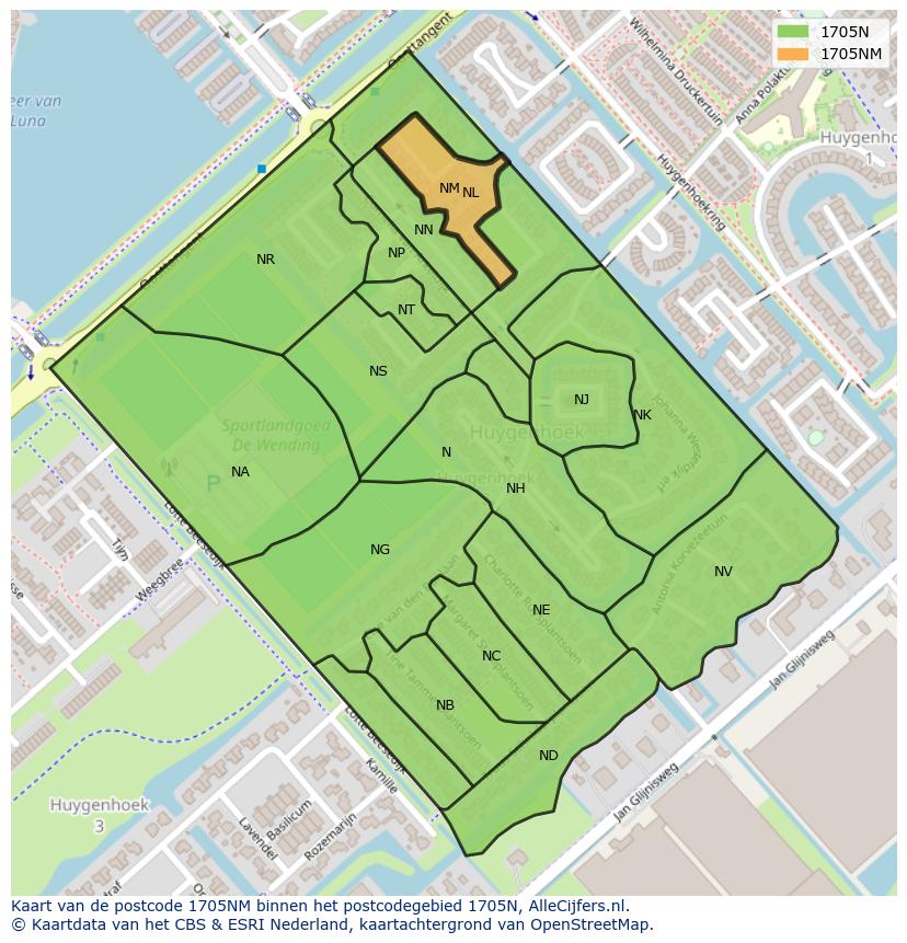 Afbeelding van het postcodegebied 1705 NM op de kaart.