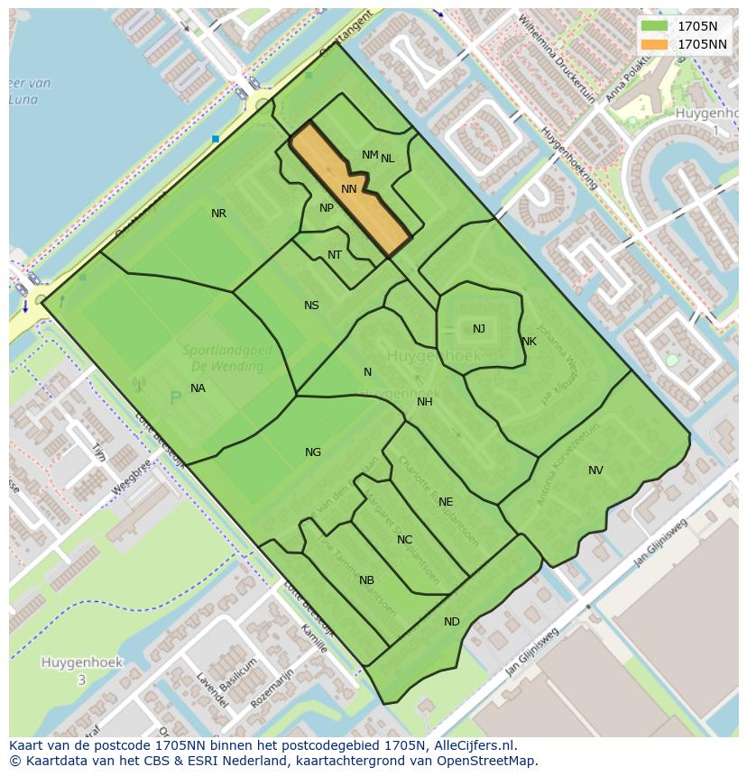 Afbeelding van het postcodegebied 1705 NN op de kaart.