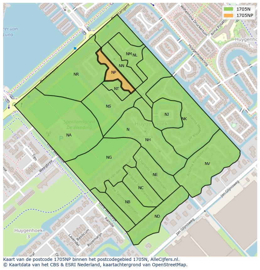 Afbeelding van het postcodegebied 1705 NP op de kaart.