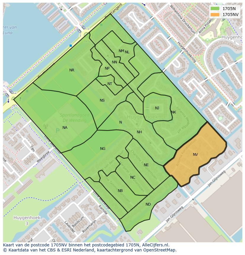 Afbeelding van het postcodegebied 1705 NV op de kaart.