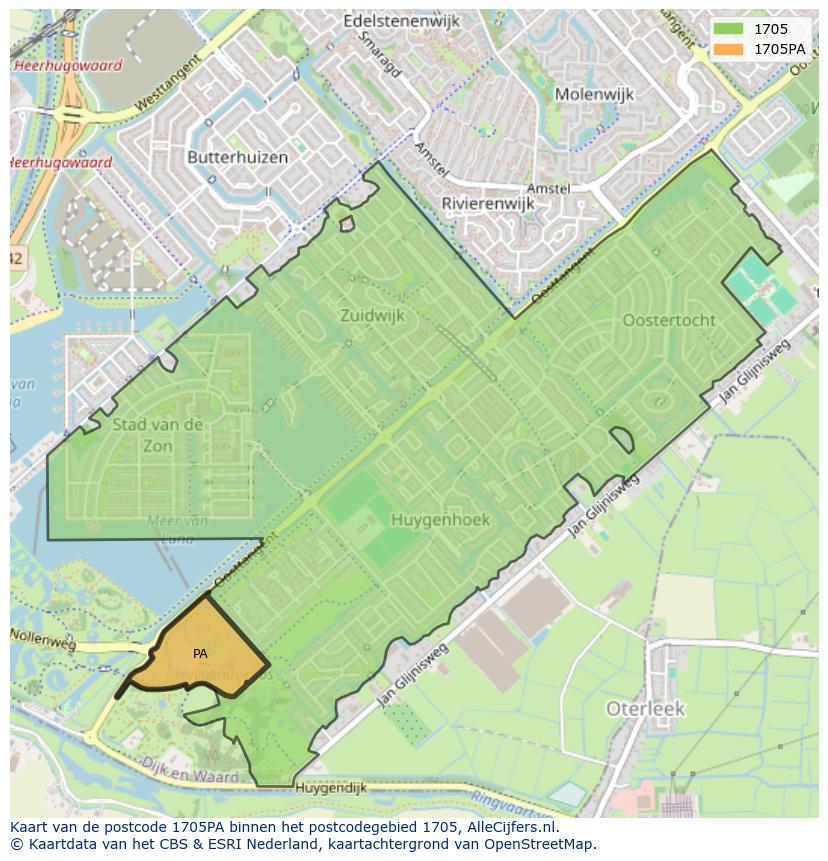Afbeelding van het postcodegebied 1705 PA op de kaart.