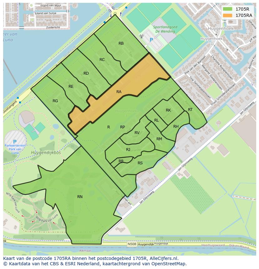 Afbeelding van het postcodegebied 1705 RA op de kaart.