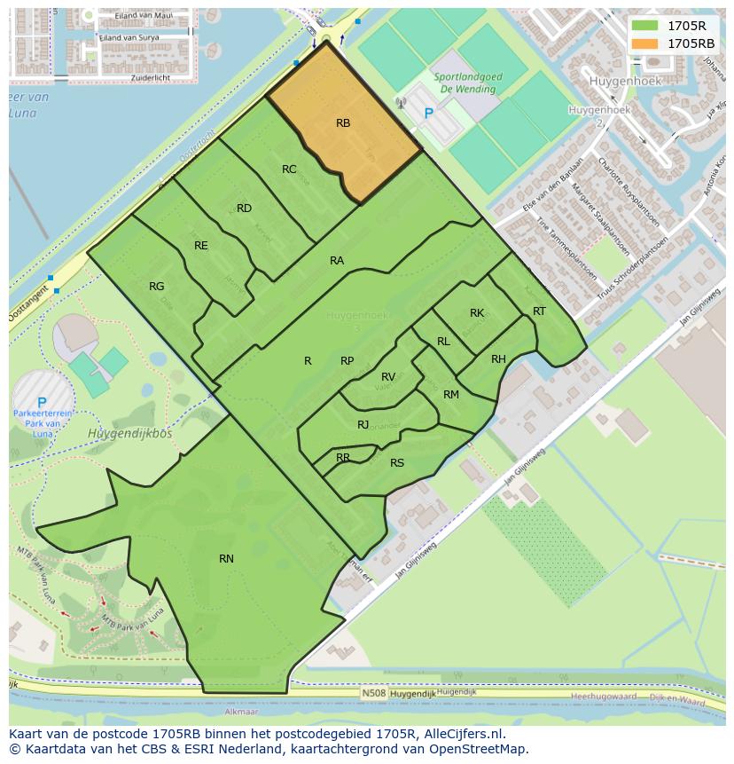 Afbeelding van het postcodegebied 1705 RB op de kaart.