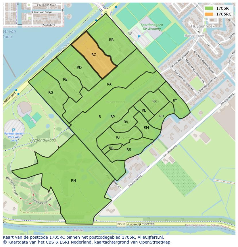Afbeelding van het postcodegebied 1705 RC op de kaart.