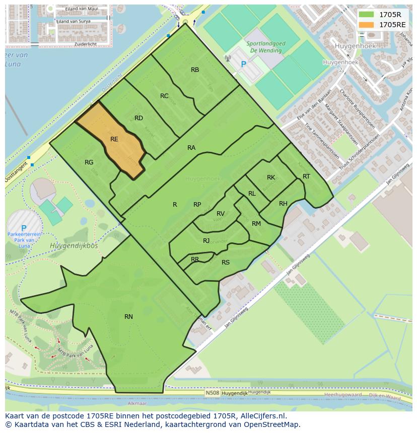 Afbeelding van het postcodegebied 1705 RE op de kaart.