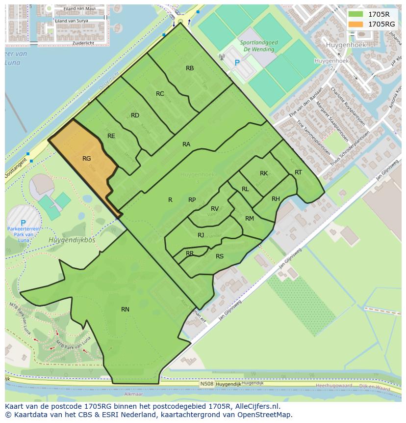 Afbeelding van het postcodegebied 1705 RG op de kaart.