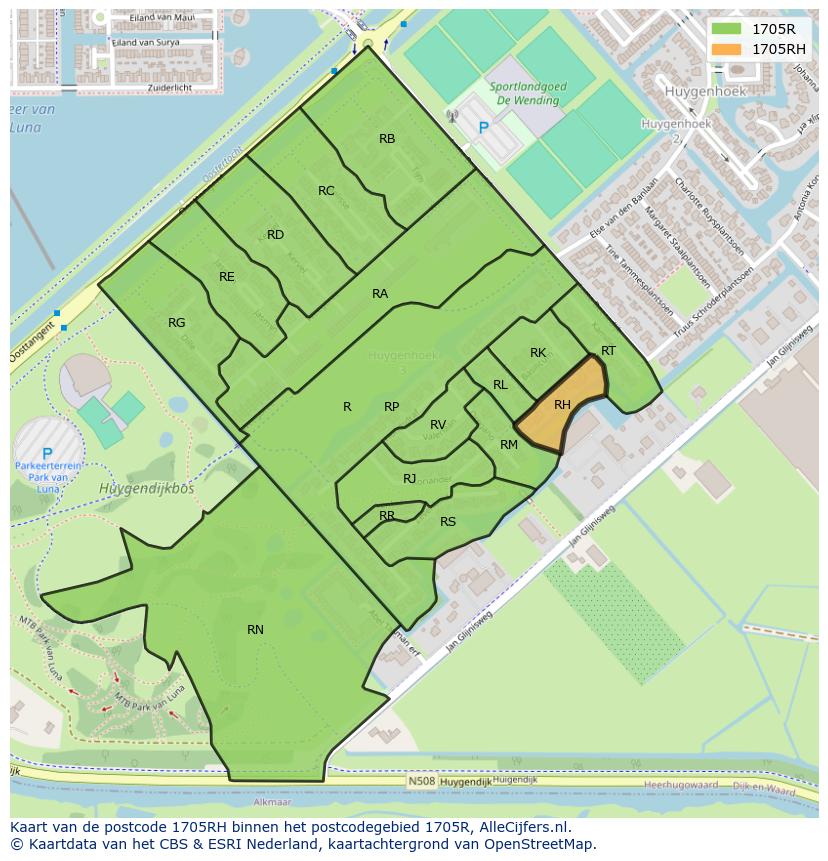 Afbeelding van het postcodegebied 1705 RH op de kaart.