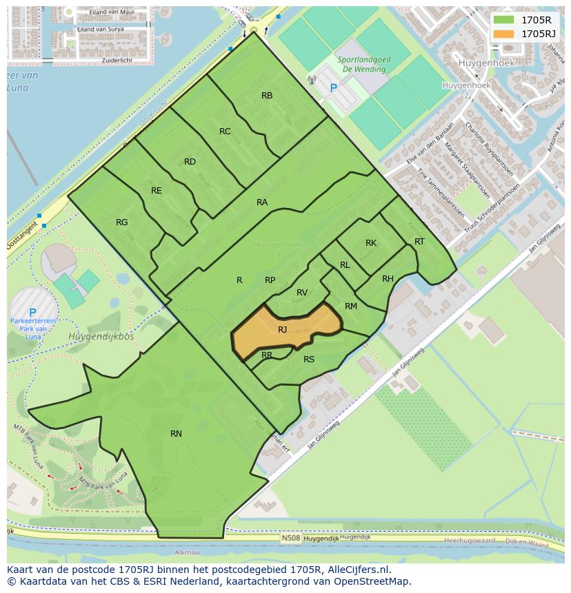 Afbeelding van het postcodegebied 1705 RJ op de kaart.