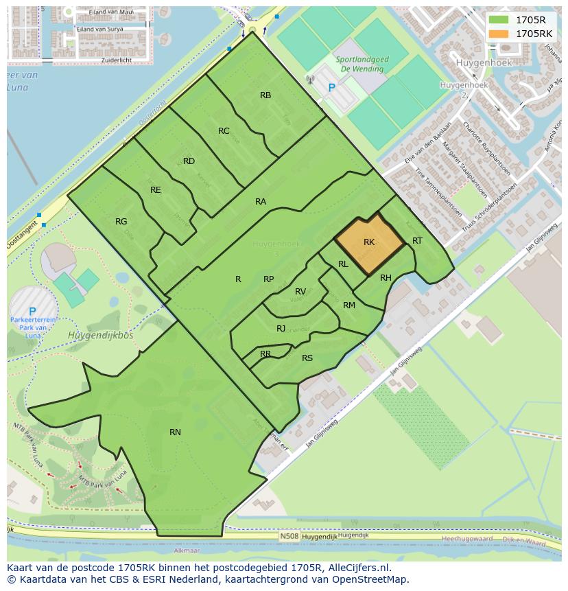Afbeelding van het postcodegebied 1705 RK op de kaart.