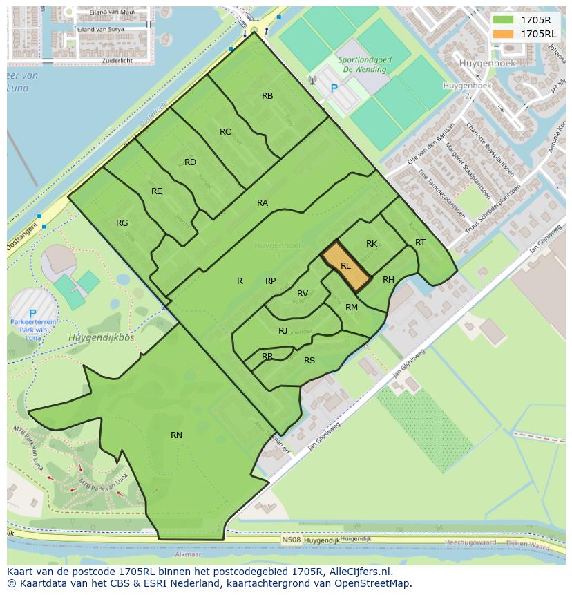 Afbeelding van het postcodegebied 1705 RL op de kaart.