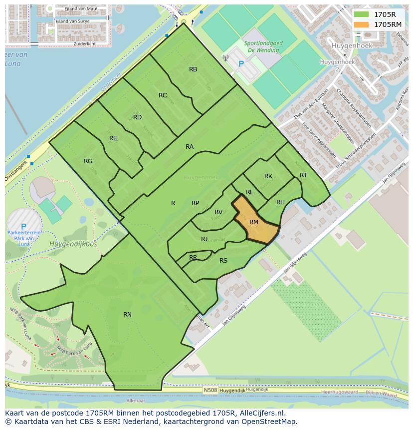 Afbeelding van het postcodegebied 1705 RM op de kaart.