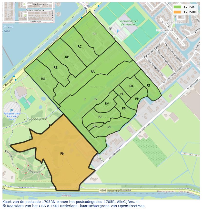 Afbeelding van het postcodegebied 1705 RN op de kaart.
