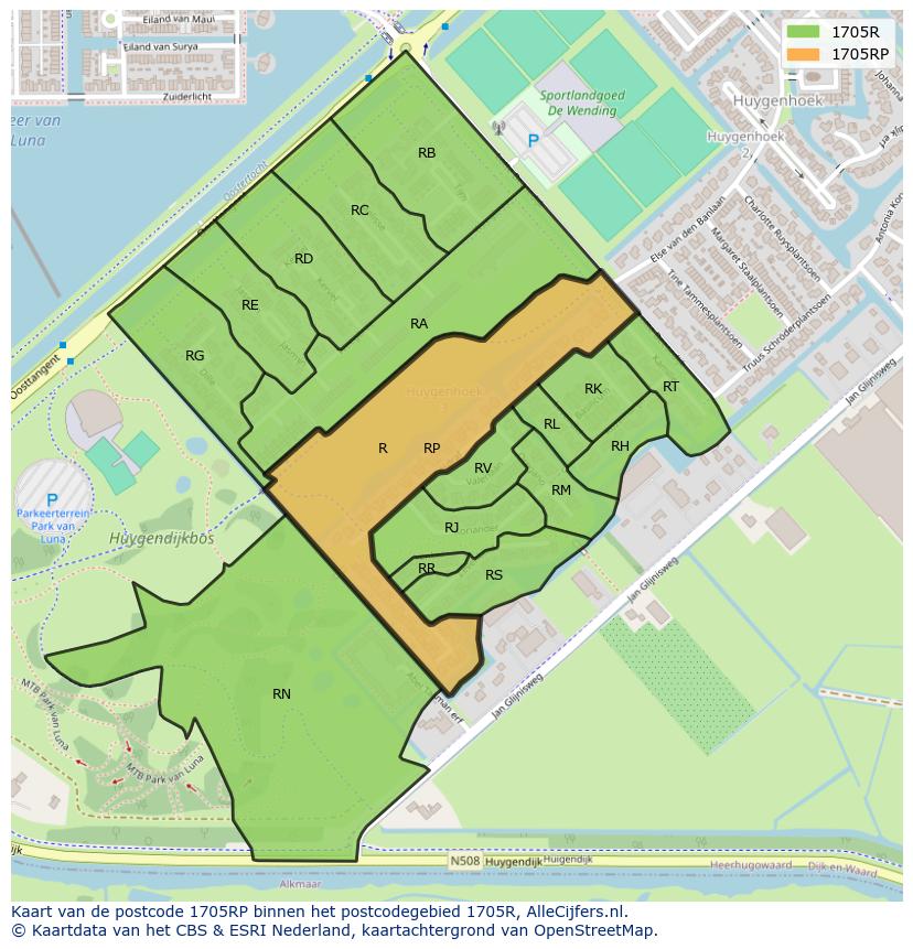 Afbeelding van het postcodegebied 1705 RP op de kaart.