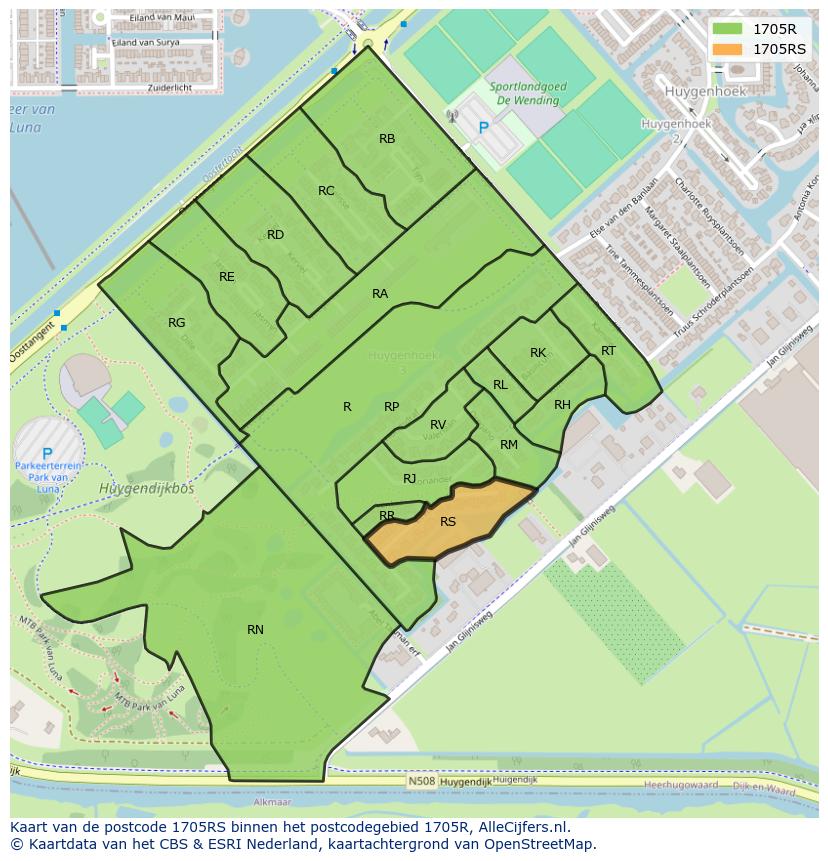Afbeelding van het postcodegebied 1705 RS op de kaart.