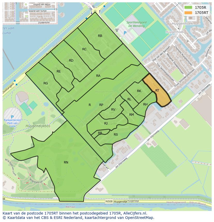 Afbeelding van het postcodegebied 1705 RT op de kaart.