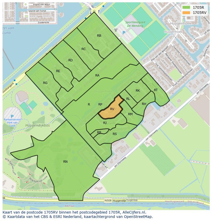 Afbeelding van het postcodegebied 1705 RV op de kaart.
